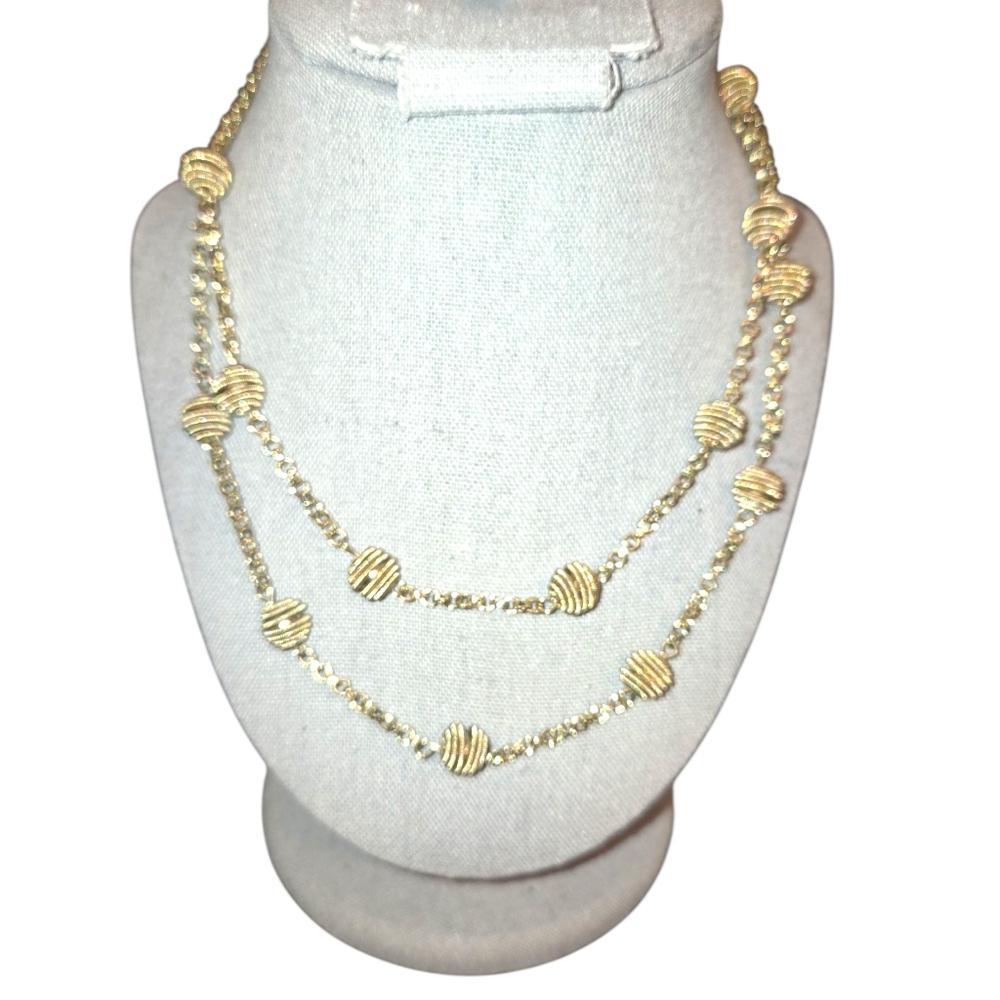 RMN Roman Signed Gold Tone Beehive Coil Beaded Cable Chain Station Necklace 34" - Picture 4 of 10